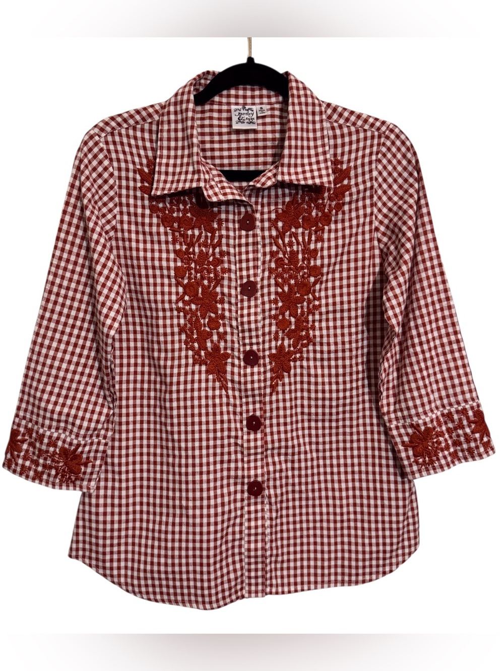 Parsley & Sage Small Orange White Gingham Floral Embroidered Top Button Up Boho